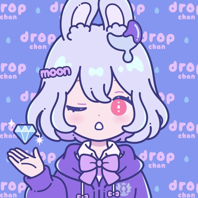 An anime-style illustration of a winking character with grey hair and bunny ears, holding a blue diamond, with 'drop chan' text repeated across a purple background.