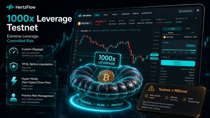 A promotional graphic for the HertzFlow 1000x Leverage Testnet, highlighting features like custom slippage, TP/SL before liquidation, hyper mode with zero open/close fees, and practice risk management, while showing a trading dashboard with BTC/USD charts and current price of $79,845.77. The image ties to the caption's message about testing extreme 1000x leverage in a controlled environment, transforming the risky thrill of high-leverage trading into a customizable, user-managed safety net before mainnet deployment.
