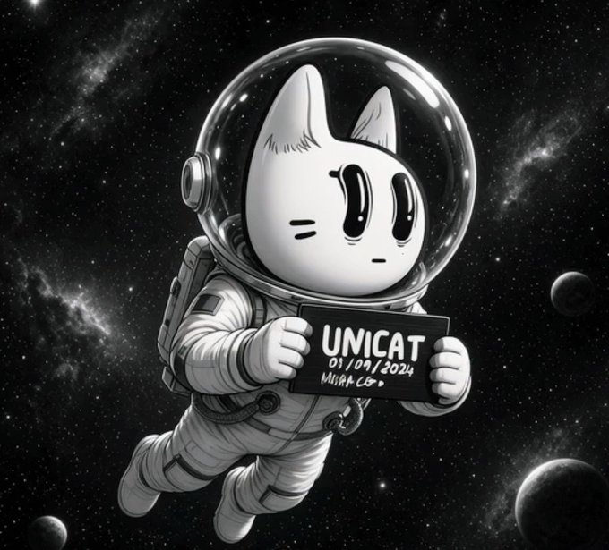 A black and white illustration of a cartoon cat character wearing an astronaut suit, floating in space while holding a sign that reads 'UNICAT 01/09/2024 MLight Co.'