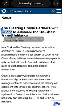 A mobile screenshot from theclearinghouse.org showing a news article titled 'The Clearing House Partners with Quant to Advance the On-Chain Money Initiative' dated September 24, 2024.