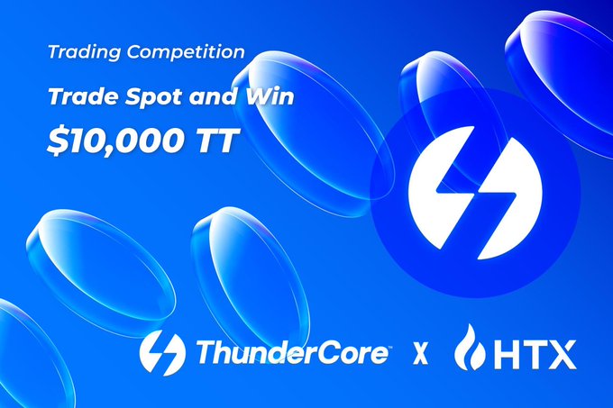 A blue promotional banner for a 'Trading Competition' to 'Trade Spot and Win $10,000 TT' featuring the logos for ThunderCore and HTX.