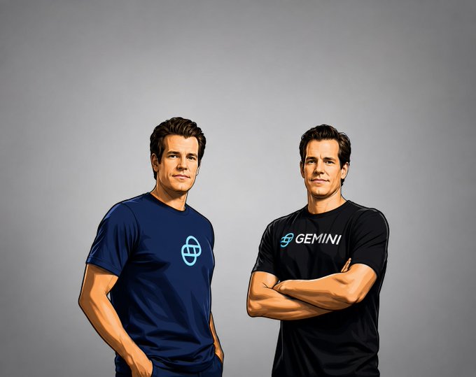 Two men with similar features, the Winklevoss twins, stand side by side wearing shirts featuring the Bitcoin logo and "GEMINI" branding, representing their Gemini crypto exchange, in an image that visually supports the post's narrative about the twins' early Bitcoin investment success and their new interest in $KAS.