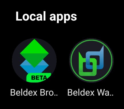 A mobile app screen displaying two local apps with their icons: 'Beldex Bro..' (BETA) with a green diamond logo and 'Beldex Wa..' with a green interlocking logo.