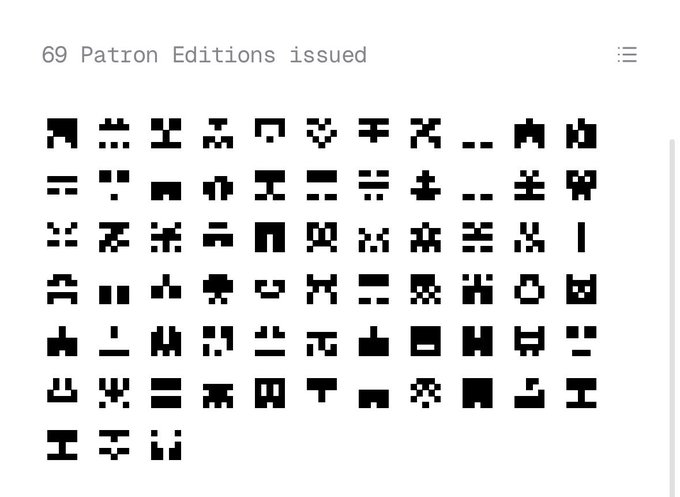 The image shows a grid of 69 pixelated, black abstract symbols (resembling cryptographic-art style icons) with the header text "69 Patron Editions issued," relating to the post by indicating the owner possesses one of 69 limited "patron edition" NFTs from the Batz collection.