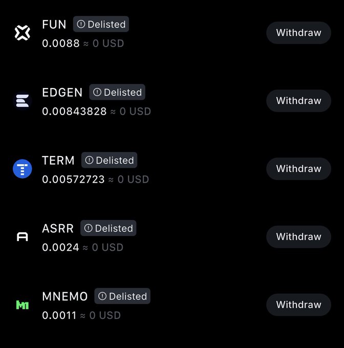 A cryptocurrency exchange withdrawal screen listing tokens FUN, EDGEN, TERM, ASRR, and MNEMO, all marked as 'Delisted' with values approximately '0 USD'.
