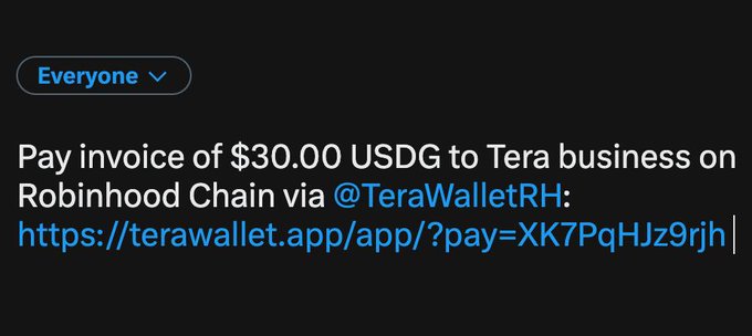 A notification message asking to 'Pay invoice of $30.00 USDG to Tera business on Robinhood Chain via @TeraWalletRH' with a payment link.