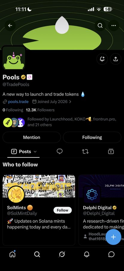 This image shows the X (Twitter) profile page for "Pools" (@TradePools), described as "A new way to launch and trade tokens," with 12.3K followers and a link to pools.trade. The profile features a green frog avatar and a header banner with a water droplet, fittingly tying into the post's reference to needing the "pools" as part of a crypto token ecosystem relationship.