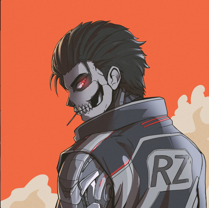 A digital illustration of a menacing character with red glowing eyes, sharp teeth, and a lollipop in his mouth, wearing a futuristic gray jacket with 'RZ' printed on the back against an orange background.