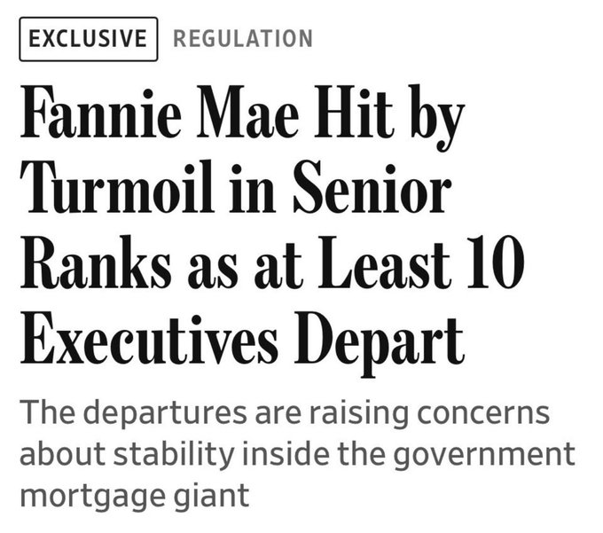 A news headline reading "Fannie Mae Hit by Turmoil in Senior Ranks as at Least 10 Executives Depart," tagged as "EXCLUSIVE" under the "REGULATION" category.