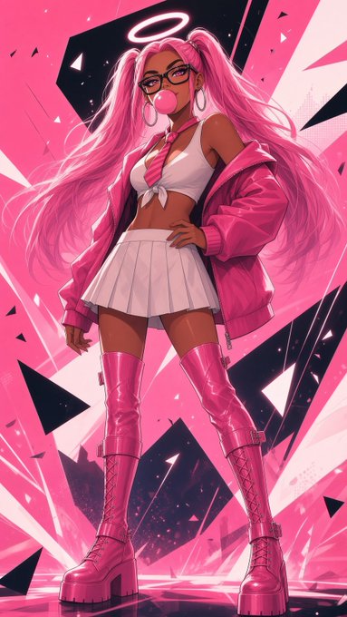 An anime-style illustration features a character with long pink hair in pigtails, wearing a pink jacket, white skirt, and pink boots, blowing a pink bubblegum bubble against a vibrant pink geometric background.