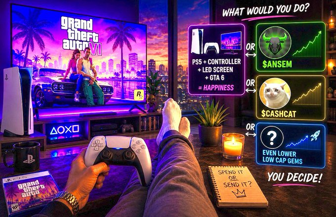 A stylized gaming room scene featuring a PS5, GTA VI on a large screen, and a decision tree asking "WHAT WOULD YOU DO?" between spending on gaming gear, $ANSEM, $CATSHCAT, or saving for lower cap gems.