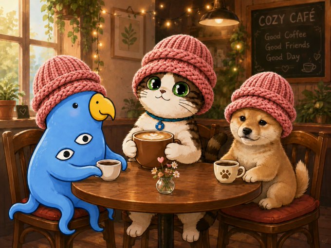 A cozy illustrated café scene featuring a blue octopus, a tabby cat, and a Shiba Inu puppy all wearing matching pink knit hats while enjoying drinks at a wooden table, with a chalkboard sign reading 'COZY CAFÉ Good Coffee Good Friends Good Day'.