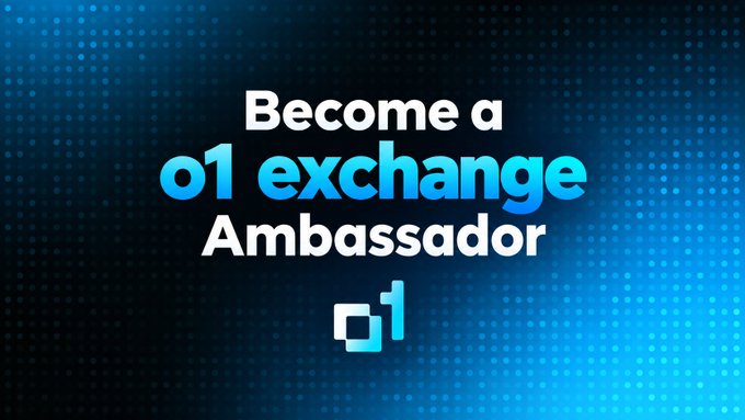 Blue promotional graphic reading 'Become a o1 exchange Ambassador' with the o1 exchange logo.