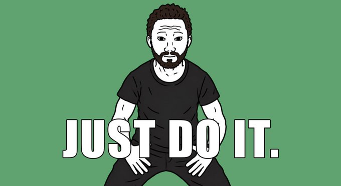 An illustration of a bearded man in a black t-shirt with the bold white text 'JUST DO IT.' overlaid on a green background.