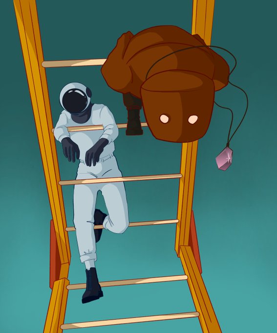 An artistic illustration of an astronaut sitting on a ladder next to a large backpack-like object with glowing eyes and a star-shaped tag.