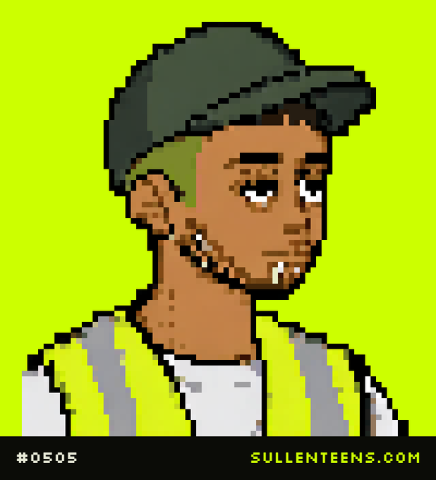 A pixel art portrait of a character wearing a dark green cap, with green-tinted hair, hoop earrings, a goatee, and a yellow and gray jacket, set against a lime green background. The image is labeled "#0505" and "SULLENTEENS.COM" at the bottom, and the tweet is promoting a giveaway where followers can share their EVM (crypto wallet) address for a chance to win this NFT character.