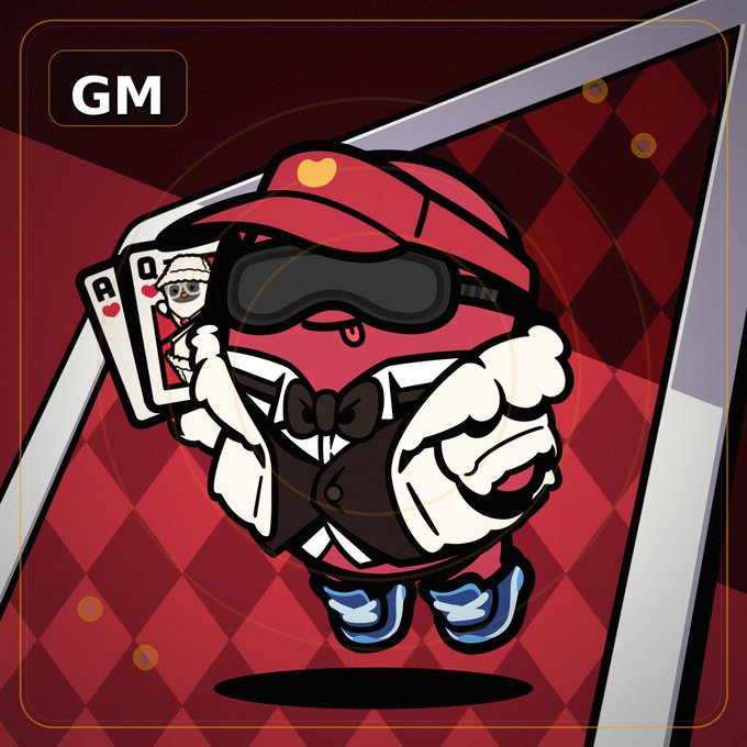 A cartoon character with a red cap and heart emblem floats holding playing cards, with 'GM' displayed in the corner on a red checkered background.