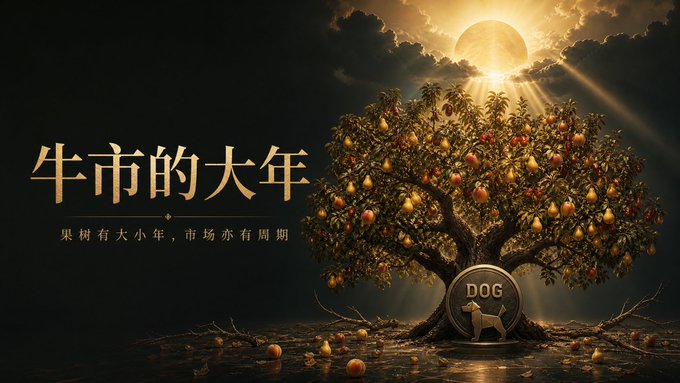An artistic image featuring a fruit tree with a 'DOG' coin at its base, Chinese text reading '牛市的大年' (Great Year of the Bull Market) and '果树有大小年，市场亦有周期' (Fruit trees have on/off years, markets also have cycles).