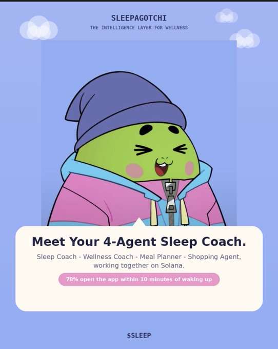 A promotional graphic for 'SLEEPAGOTCHI' featuring a cartoon character in pajamas with text 'Meet Your 4-Agent Sleep Coach' and '$SLEEP'.