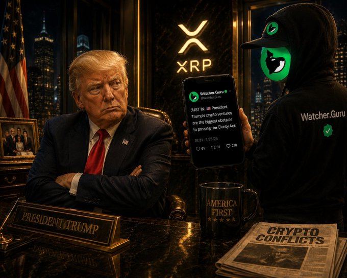 A hooded figure in front of an XRP logo holds up a phone displaying a "Watcher.Guru" tweet about Trump's crypto ventures being an obstacle to the Clarity Act, to a seated Donald Trump. The image visually represents the headline becoming part of the story, aligning with the post's message about the CLARITY Act.