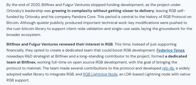 A block of text discussing Bitfinex, Fulgur Ventures, and the RGB Protocol on Bitcoin, mentioning that funding stopped by the end of 2020 and that Federico Tenga formed a dedicated team at Bitfinex to develop 'rgb-lib' and the 'RGB Lightning Node.'