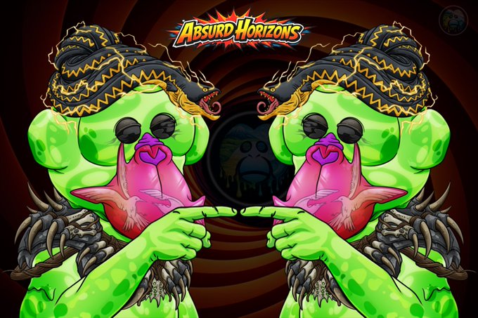 Two symmetrical green muscular creatures with snake heads on their shoulders holding pink flowers, with the text 'ABSURD HORIZONS' at the top.