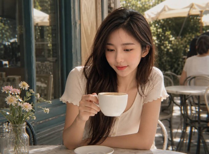 A young woman sips a cappuccino at a sunny outdoor café, paired with a cheerful morning post inviting friends to share their favorite crypto terms and definitions.