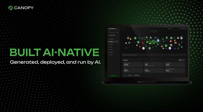 A promotional graphic for 'CANOPY' advertises an 'AI-Native' platform that is 'Generated, deployed, and run by AI,' featuring a laptop displaying a dashboard interface.