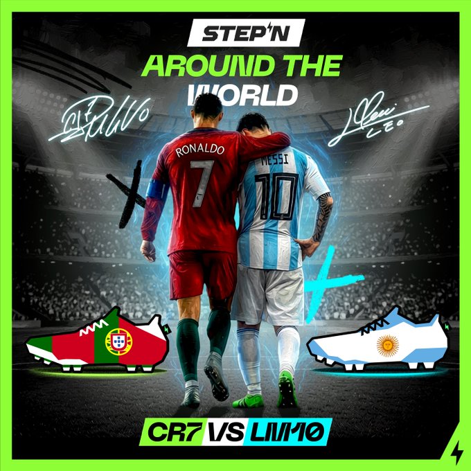 The image features two soccer players from different teams standing next to each other with their arms around each other's shoulders, symbolizing camaraderie and sportsmanship. The text "StepN' Around the World" suggests that this photo was taken during a campaign promoting unity among fans worldwide for the upcoming World Cup in Russia. The image also includes two soccer cleats, one red and one blue, which are often associated with different teams or countries.