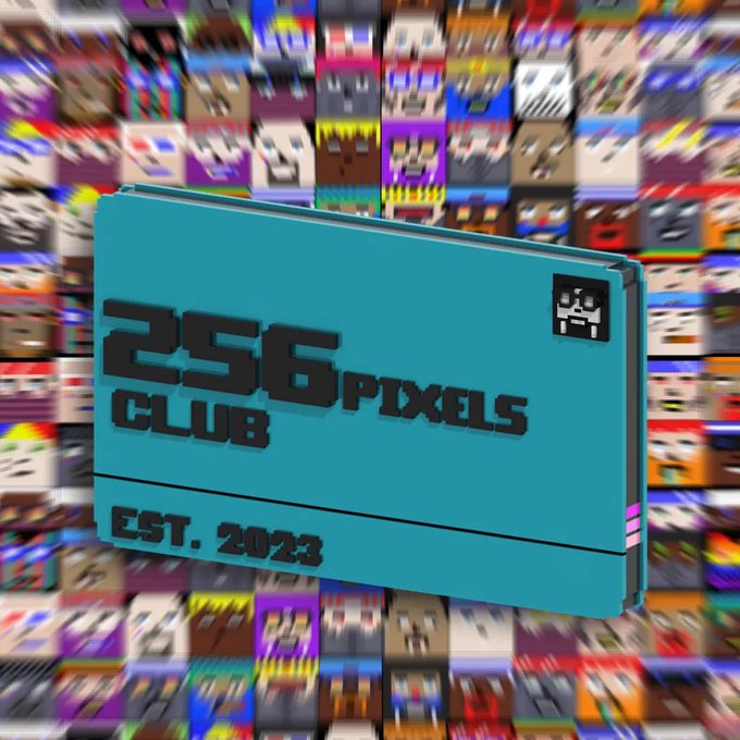 A promotional image for the '256 PIXELS CLUB EST. 2023' featuring a blue game cartridge design overlaid on a background of various pixel art characters.