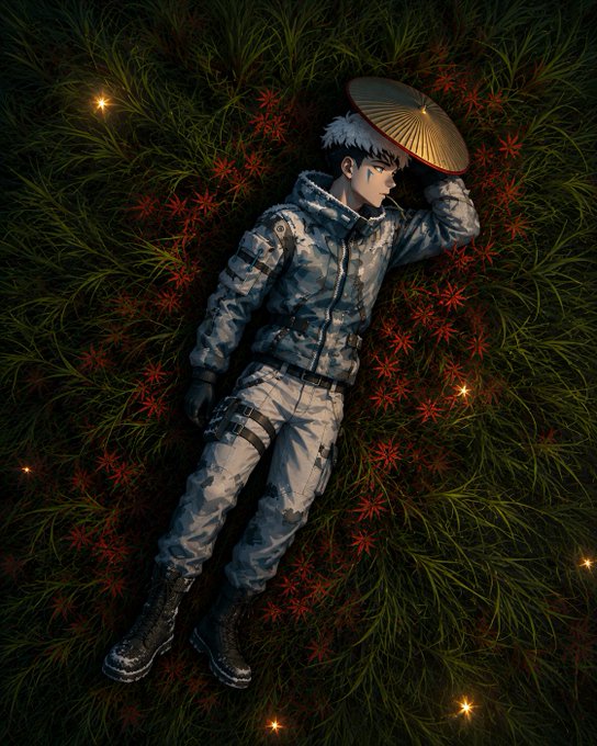 An anime-style digital artwork of a young man in a gray camouflage jacket and pants lying in a field of grass and red flowers, holding a traditional conical hat above his face.