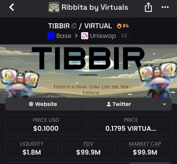A screenshot of a crypto tracking app showing 'Ribbita by Virtuals' token details for TIBBIR/VIRTUAL on the Base network via Uniswap V2, with a price of $0.1000 and FDV/Market Cap of $99.9M.
