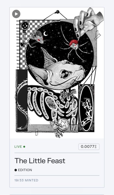 An NFT marketplace listing titled 'The Little Feast' showing a surreal black and white illustration with a price of 0.0077 ETH and '19/33 MINTED'.