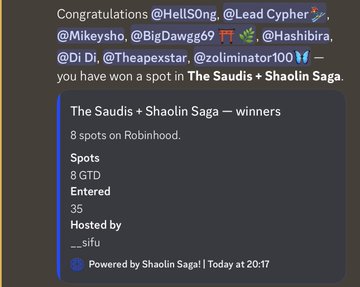 A congratulatory message on a dark-themed social platform announcing winners of 'The Saudis + Shaolin Saga' hosted by __sifu, listing 8 spots on Robinhood with 35 entries, posted by Shaolin Saga at 20:17.