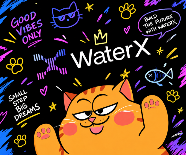 A vibrant cartoon graphic featuring an orange cat with the text 'WaterX' alongside slogans like 'GOOD VIBES ONLY', 'BUILD THE FUTURE WITH WATERX', and 'SMALL STEP BIG DREAMS' on a black background.