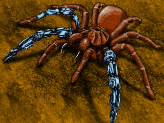 A digital illustration of a large brown tarantula with mechanical, robotic silver legs resting on a textured golden-brown surface.