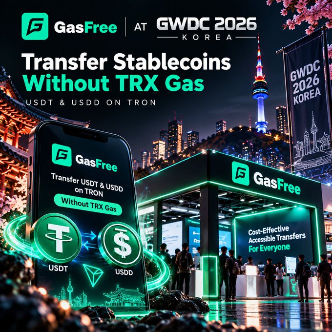 A promotional graphic for GasFree's presence at GWDC 2026 Korea features a neon-lit booth in Seoul with N Seoul Tower in the distance, alongside a smartphone display advertising "Transfer USDT & USDD on TRON Without TRX Gas," aligning with the announcement of their gas-free stablecoin transfer solution for the TRON network.