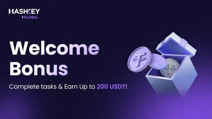 A promotional banner for HashKey Global featuring the HashKey logo and a 3D illustration of an open box with USDT coins, advertising a "Welcome Bonus" offering up to 200 USDT for completing onboarding tasks within 14 days of registration.