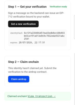 A screenshot of an Onchain Verify Demo interface showing Step 1 (Get your verification with IdentityHash "0x13fa230486d51ba43ed8ec686803865e191a013e869c7832eda9331abc2541" expiring 28/07/2026 at 22:17:51) and Step 2 (Claim onchain via "Claim airdrop" button with "Claimed onchain! View transaction →" confirmation), illustrating Base's new sybil-resistant identity verification and onchain airdrop claim flow.