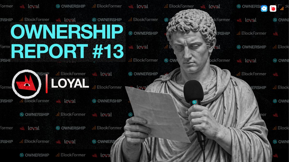 The image is a promotional banner for "OWNERSHIP REPORT #13" by LOYAL, featuring a classical statue holding a microphone and reading from a paper. The accompanying post suggests the report outlines LOYAL's vision for scaling from 500,000 to 1 billion in active deposits within the agentic finance space.