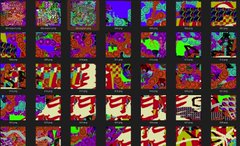 A grid of colorful, abstract glitch-art style squares with vibrant neon patterns in red, green, blue, and purple.