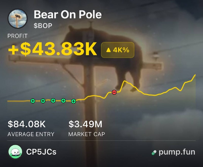 A pump.fun trading dashboard shows "Bear On Pole" ($BOP) with a profit of +$43.83K (4K%), featuring a bear impaled on a utility pole background, a chart with green buy and red sell markers, an average entry of $84.08K, and market cap of $3.49M, posted by user CP5JCs. The image visually supports the post's claim of the trader gaining a 39x return on $1,110 invested at an $84K market cap.