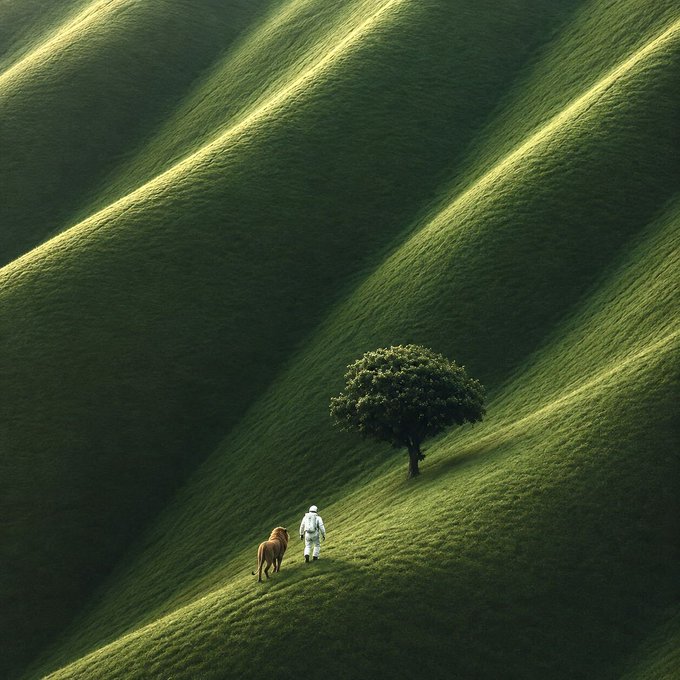 A lone figure in white walks alongside a horse across rolling, undulating green hills toward a solitary tree, embodying the harmony and serenity of "Nature is healing."