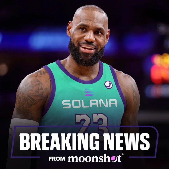 A smiling LeBron James, identified by his facial features and tattoos, wears a teal and purple basketball jersey featuring "SOLANA" across the chest and the number "23," with "BREAKING NEWS FROM moonshot" displayed in a banner at the bottom. The image directly illustrates the accompanying post about LeBron James leaving the Lakers to join Solana, visually depicting his new "Solana" team jersey.