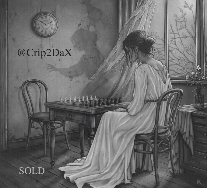 A monochromatic pencil-style artwork by @Crip2DaX showing a woman in a white dress seated at a chessboard by a window, with a shadow of a hand on the wall; marked 'SOLD'.