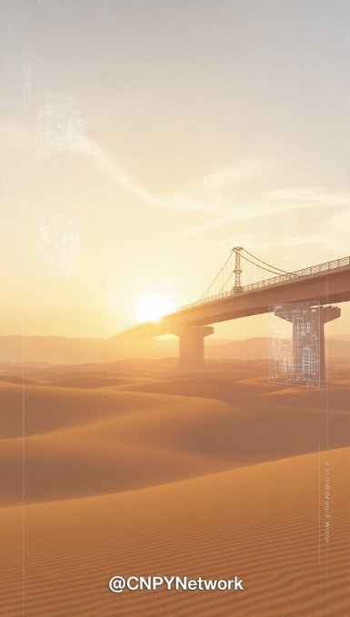 A suspension bridge stretches across golden desert dunes under a glowing sunrise, symbolizing infrastructure built to endure harsh conditions. The watermark "@CNPYNetwork" appears at the bottom, tying the visual metaphor of a strong, lasting structure to the post's message about launching chains with durable, day-one infrastructure.