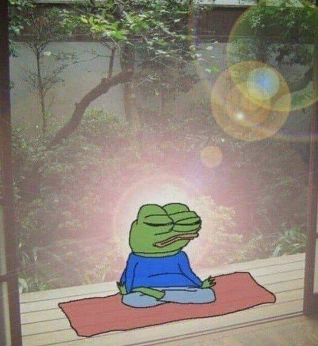 The image shows Pepe the Frog, a popular internet meme character, sitting cross-legged in a meditative yoga pose on a red mat, with a serene forest backdrop and lens flare effect creating a glowing aura around him. The accompanying caption "gm ct, happy sunday the real ones show up everyday" suggests a peaceful, mindful Sunday morning vibe, aligning perfectly with Pepe's zen meditation imagery as a wholesome way to greet crypto Twitter followers.