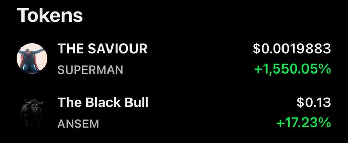 Cryptocurrency tokens listing showing 'THE SAVIOUR' (Superman) at $0.0019883 with +1,550.05% gain, and 'The Black Bull' (ANSEM) at $0.13 with +17.23% gain.