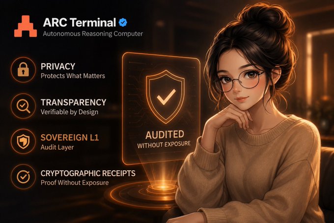 An advertisement for 'ARC Terminal - Autonomous Reasoning Computer' featuring an anime-style woman with glasses, highlighting features like Privacy, Transparency, Sovereign L1, and Cryptographic Receipts.