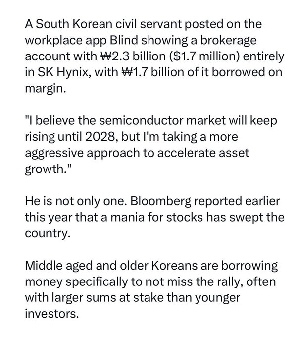 A screenshot of an article describes a South Korean civil servant on Blind showing a brokerage account with ₩2.3 billion ($1.7 million) entirely in SK Hynix stock, with ₩1.7 billion borrowed on margin, illustrating the aggressive leveraged bets being placed on semiconductor stocks like $DRAM amid a nationwide stock-buying mania.